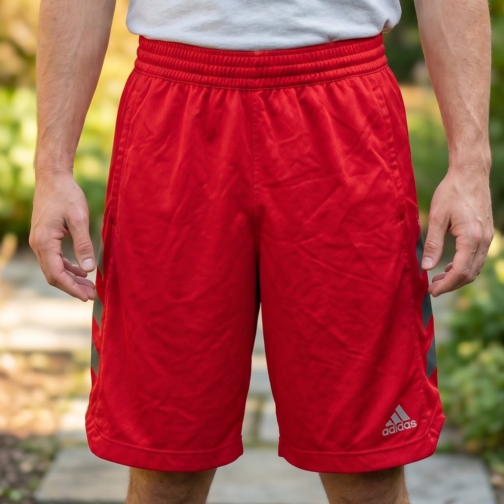 Adidas Mens Basketball Shorts Red Grey Side Stripes Mesh Athletic Activewear